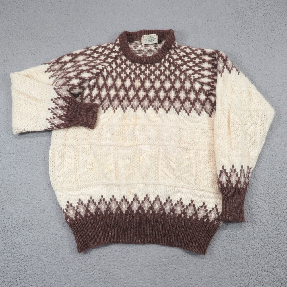 Blarney Woolen Mills Mens Large Cream Brown Fishermans Chunky Intarsia Sweater